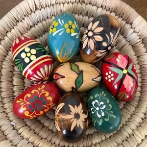 Vintage Polish Folk Art Hand-Painted Wooden Easter Eggs Set of 8